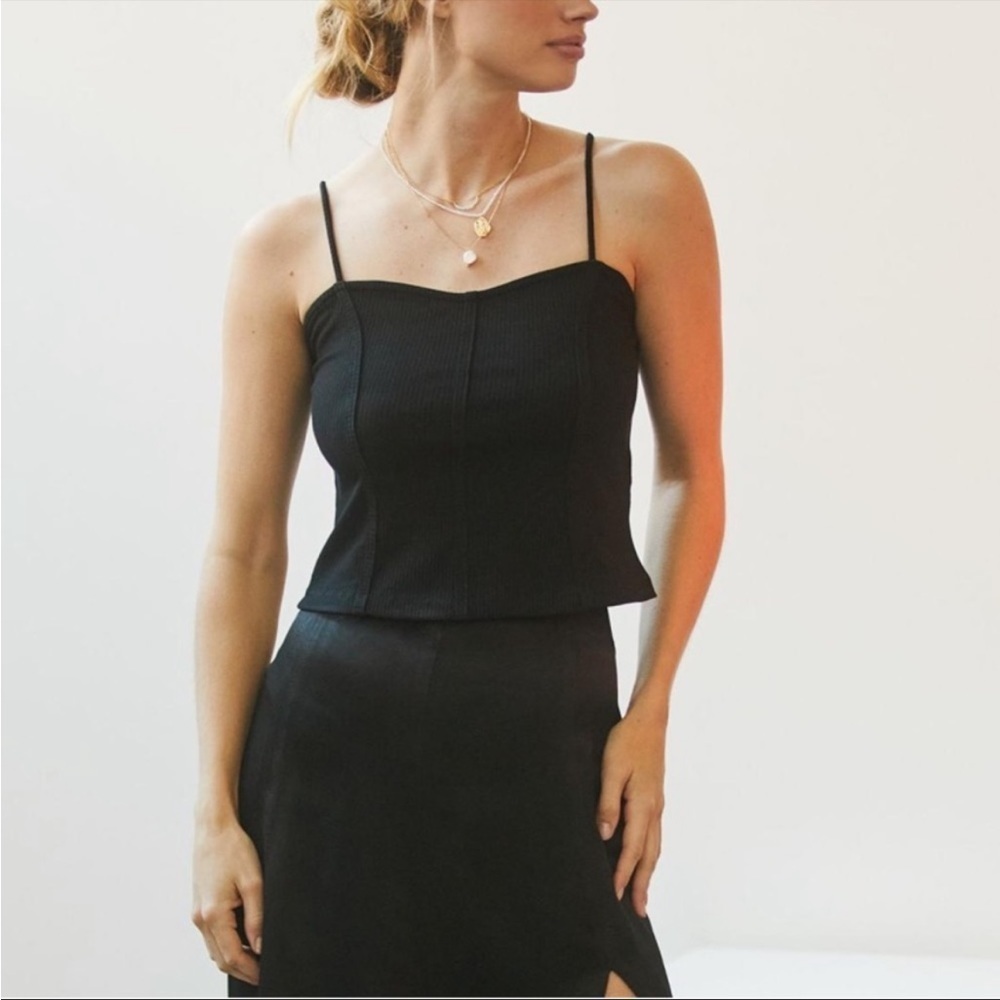 Anthropologie Black Corset Cami Tank Ribbed Stretch Sleeveless Minimalist Top XL